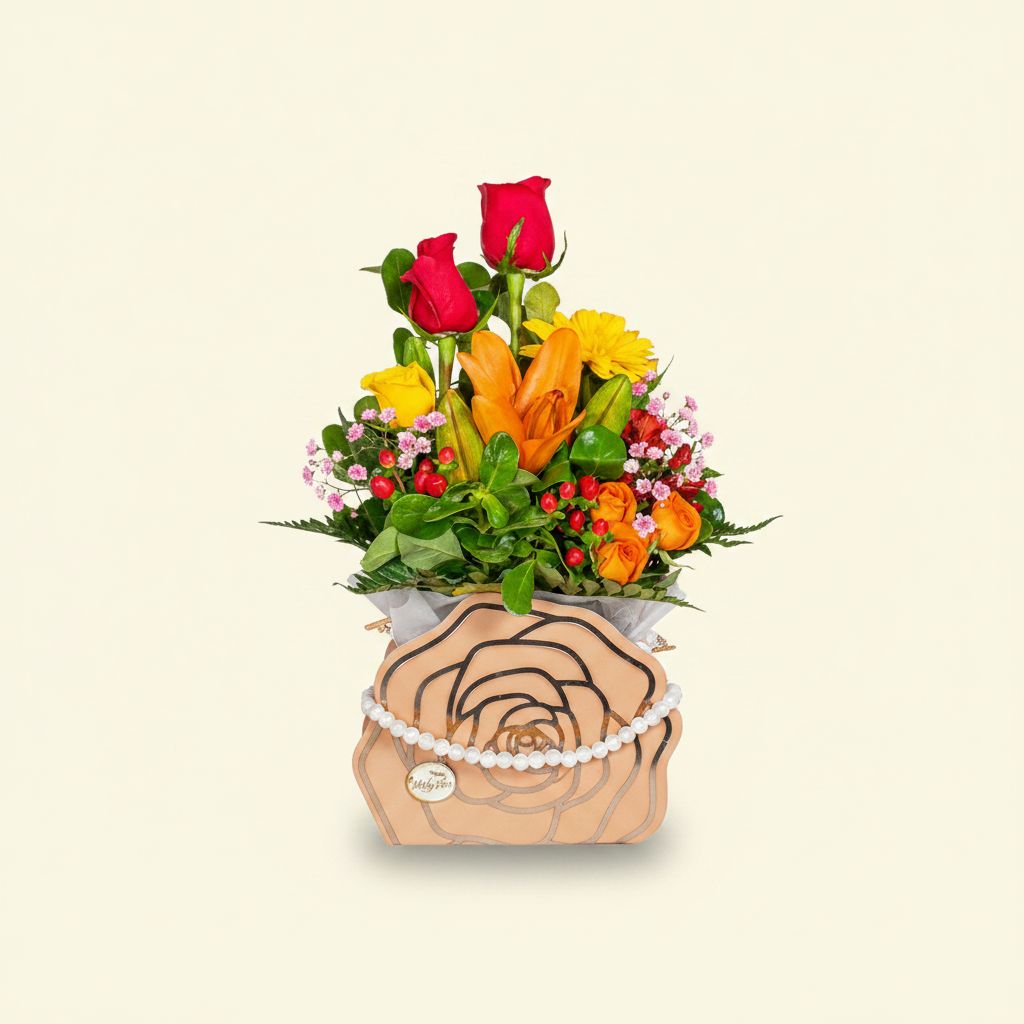 Arreglo Pequeña en carterita con rosas y mix · Mely Flor
